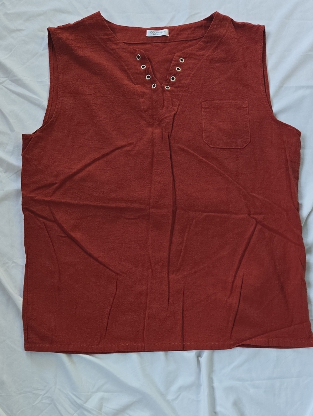 Men's Summer Brick Orange Sleeveless Vneckish Over The Head Shirt 97% Cotton
